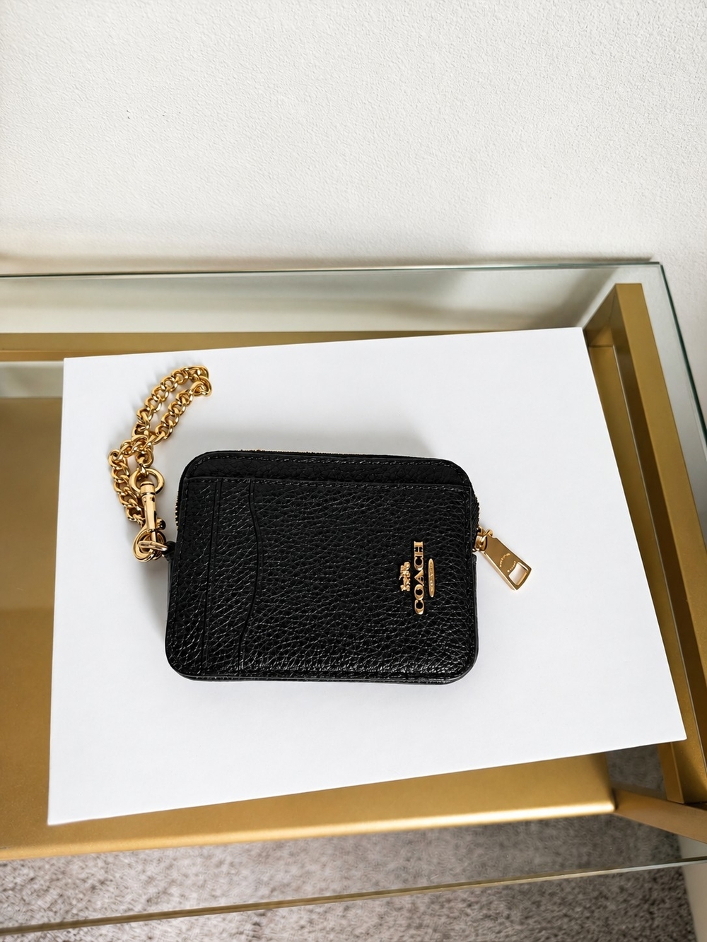 Coach Black Pebbled Leather Card Holder with Gold Chain Accent